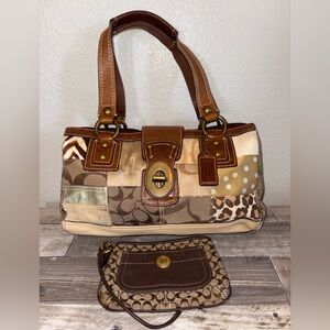 Coach Tan and Brown Patchwork Shoulder Bag & Wristlet